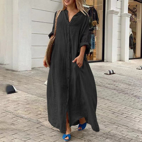 Einreiher Baumwoll-Leinen Plus Size Langkleid