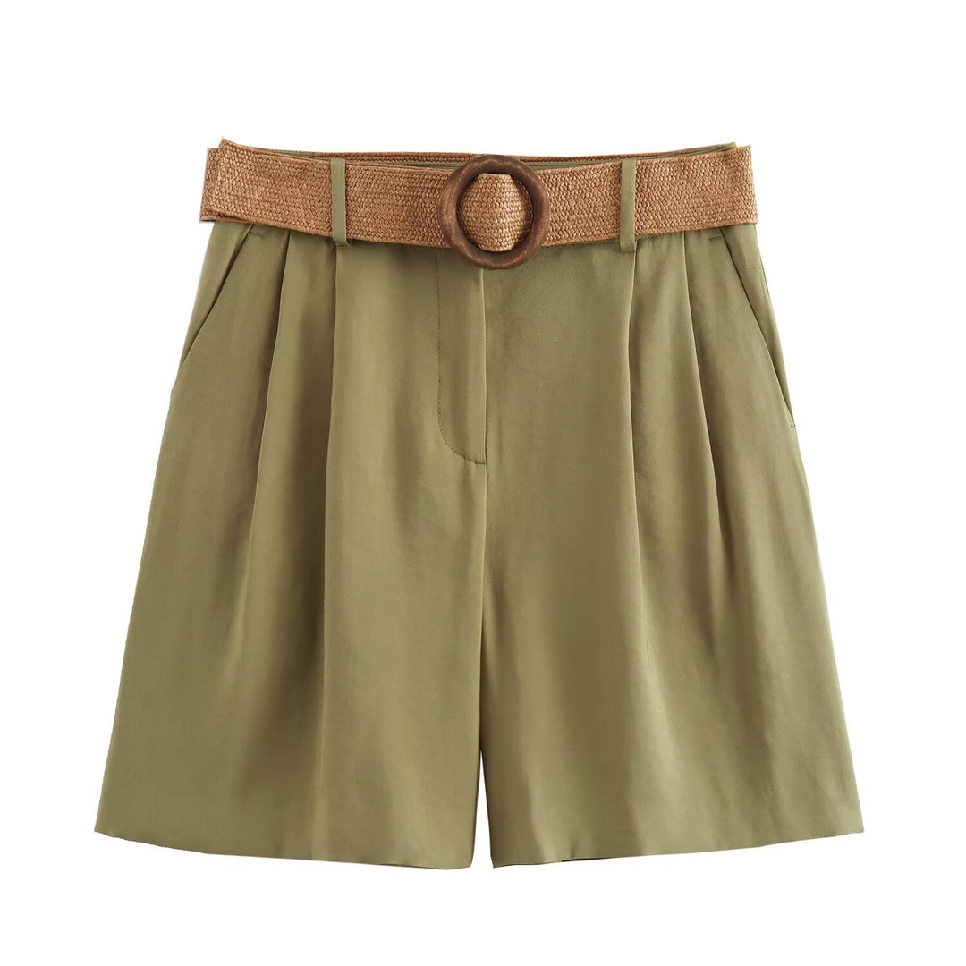 Damen elegante Shorts mit breitem, geflochtenem Gürtel