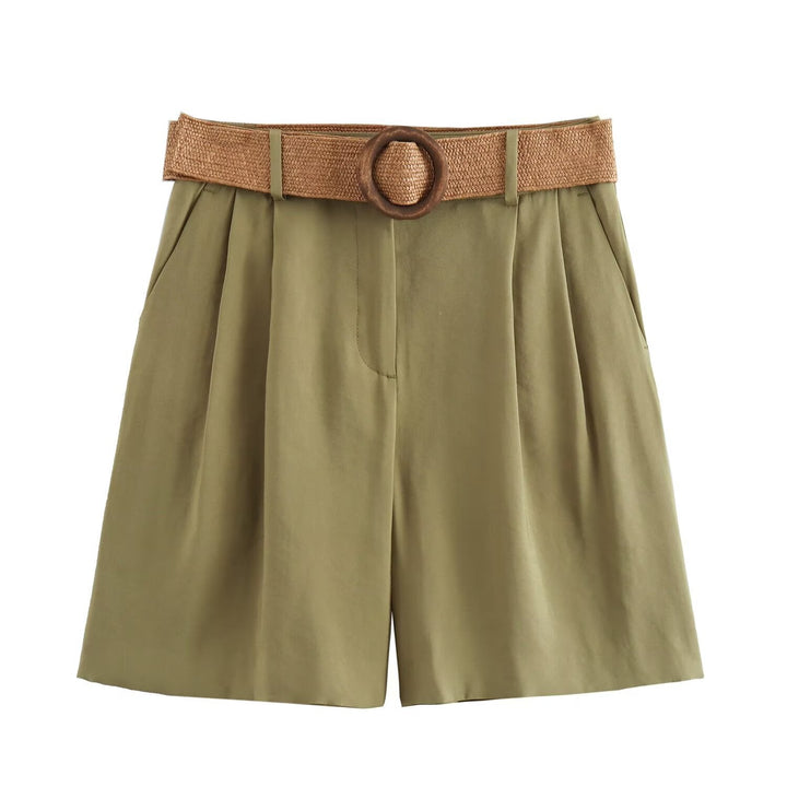 Damen elegante Shorts mit breitem, geflochtenem Gürtel