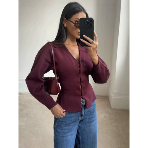 Damen Locker geschnittener Feinstrick-Cardigan mit tiefem V‑Ausschnitt und verdeckter Knopfleiste Nord Taschen