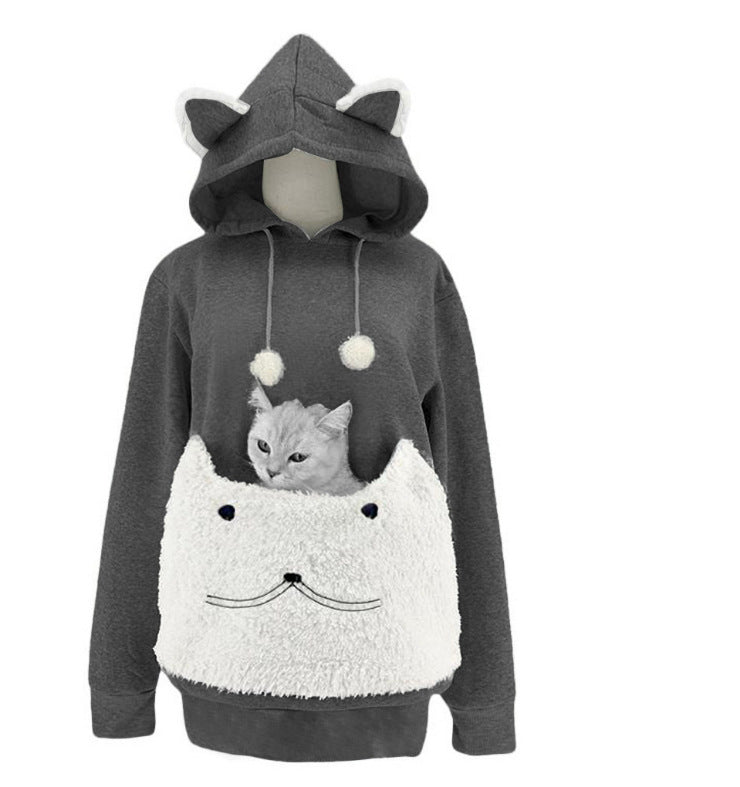 Damen Kuscheliger Kapuzenpullover mit Katzenmotiv und praktischer Känguru-Tasche Avellé
