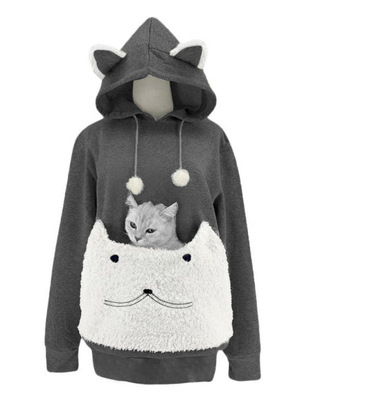Damen Kuscheliger Kapuzenpullover mit Katzenmotiv und praktischer Känguru-Tasche Avellé