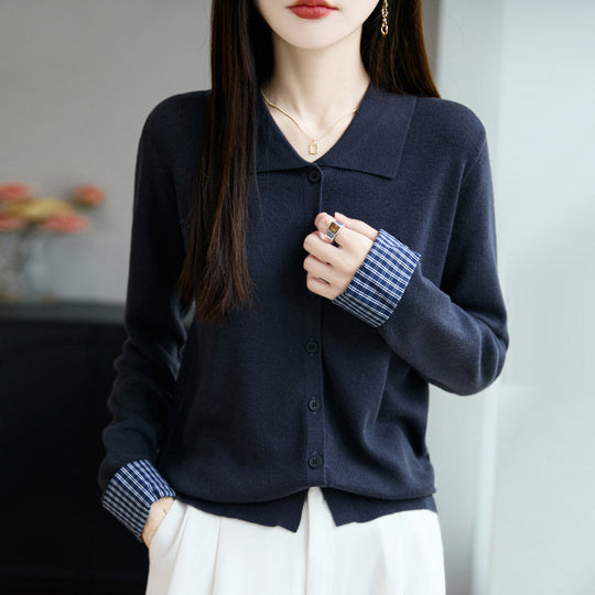 Damen Leichter Feinstrick-Cardigan mit breitem Hemdkragen und Frontknopfleiste Nord Taschen