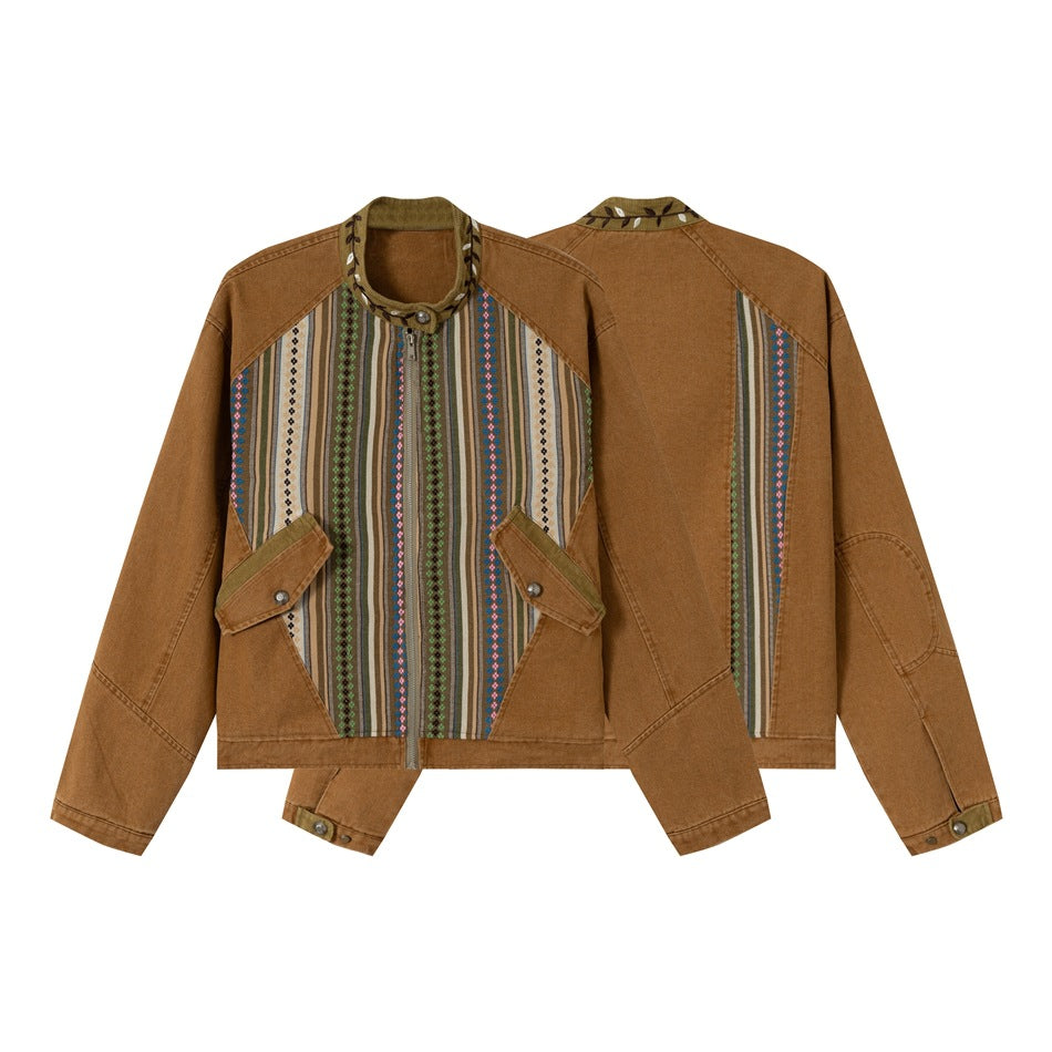 Damen kurze Baumwoll-Blousonjacke mit Ethno‑Webpaneelen und Cordbesatz Nord Taschen