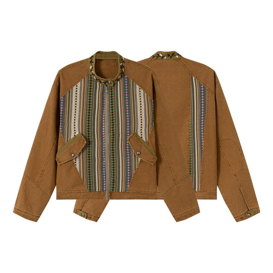 Damen kurze Baumwoll-Blousonjacke mit Ethno‑Webpaneelen und Cordbesatz Nord Taschen
