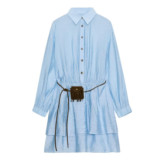 Damen Hemdblusenkleid im Crinkle-Look mit Stufenrock und Taillenzug Nord Taschen