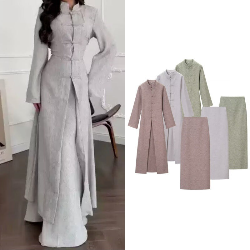 Damen Langärmliges Maxikleid mit Stehkragen Knebelknopfverschluss und vorderem Schlitz Nord Taschen