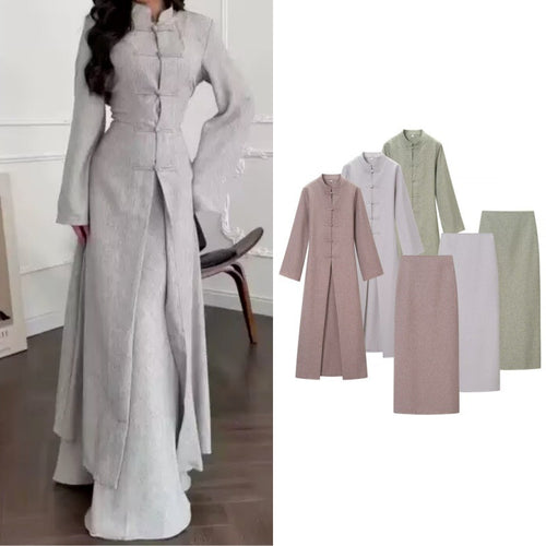 Damen Langärmliges Maxikleid mit Stehkragen Knebelknopfverschluss und vorderem Schlitz Nord Taschen