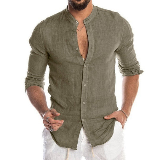 Herren nan Leinenhemd mit Stehkragen, durchgehender Knopfleiste und legerer Slim-Fit-Passform