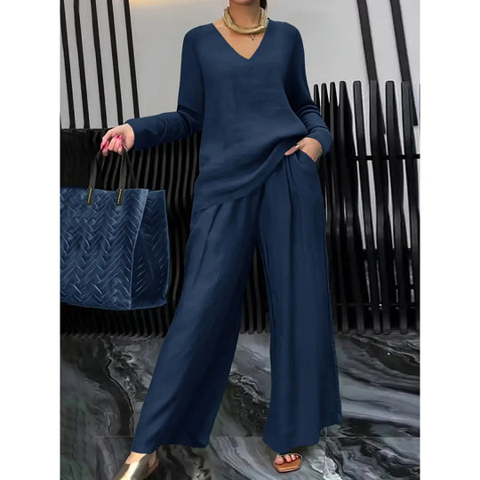 Damen Feiner V-Ausschnitt Strickpullover mit fließender Palazzo-Hose Nord Taschen
