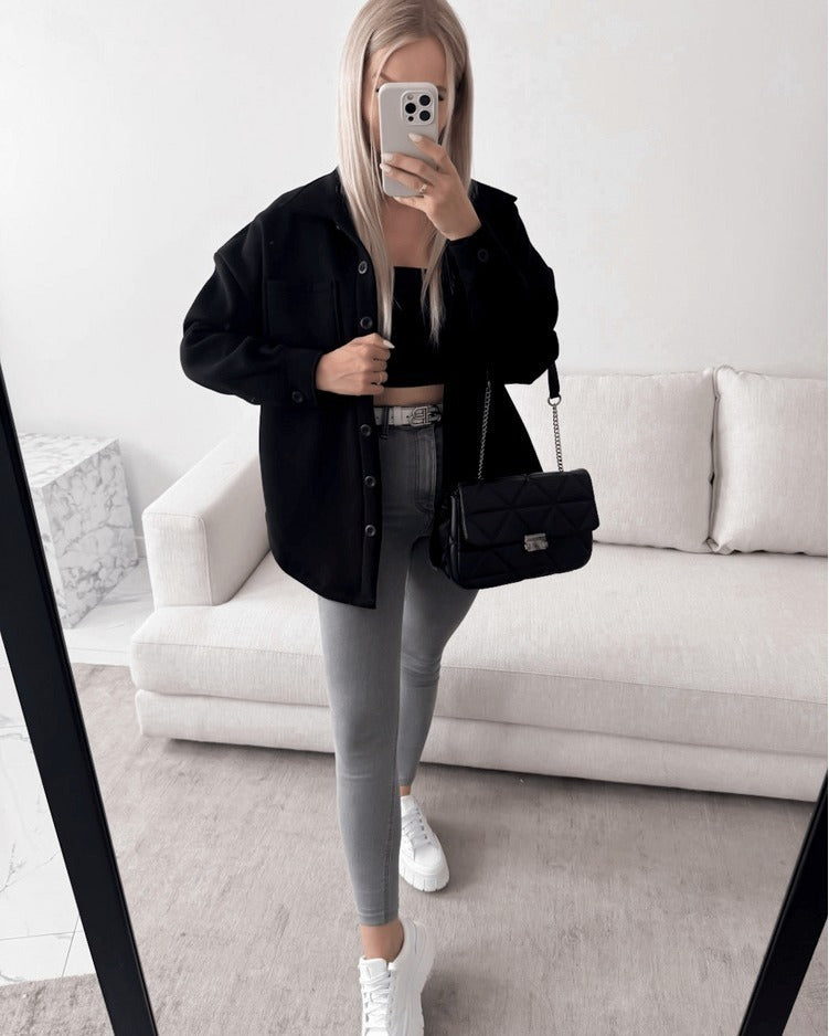 Damen Oversized Hemdjacke Shacket aus weichem Wollmix mit aufgesetzten Brusttaschen Nord Taschen