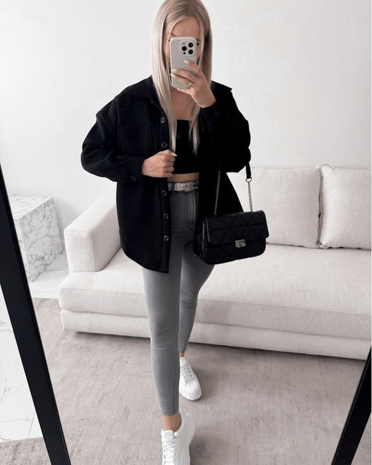 Damen Oversized Hemdjacke Shacket aus weichem Wollmix mit aufgesetzten Brusttaschen Nord Taschen