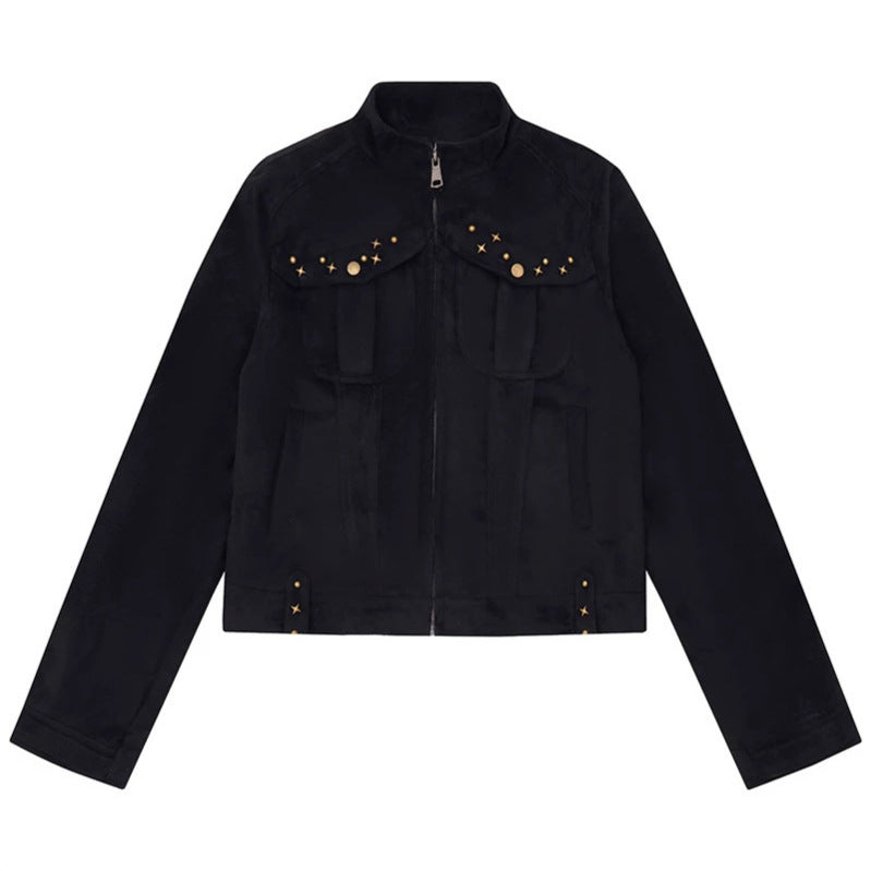 Damen Kurz geschnittene Velourslederjacke mit Stehkragen, Zier‑Nieten und Pattentaschen Nord Taschen
