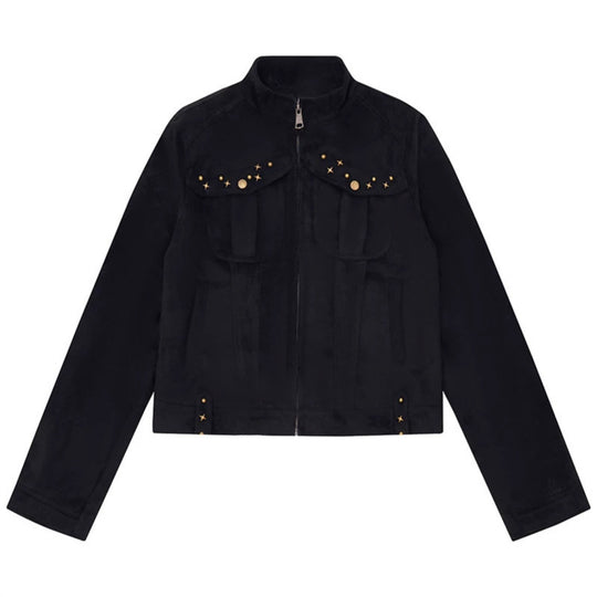 Damen Kurz geschnittene Velourslederjacke mit Stehkragen, Zier‑Nieten und Pattentaschen Nord Taschen