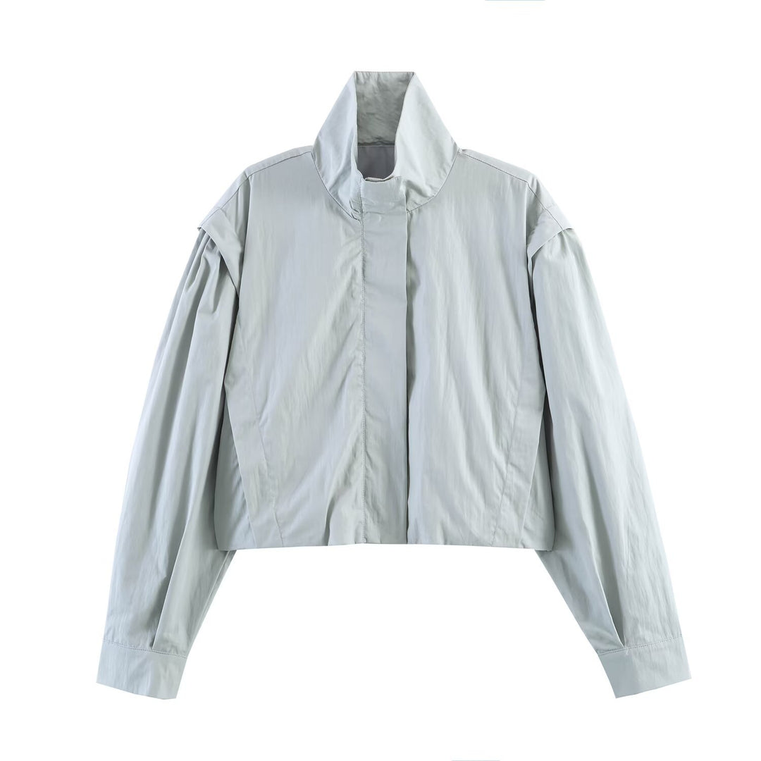 Damen Kurze Windjacke mit Stehkragen, oversized Ärmeln und verdeckter Front Nord Taschen