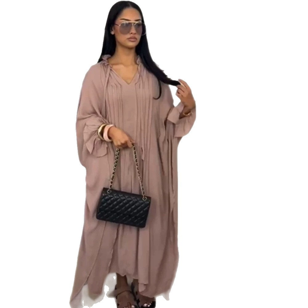 Damen Maxikleid im Kaftan-Stil mit Rüschenkragen, Bindebändern und voluminösen Ärmeln Nord Taschen