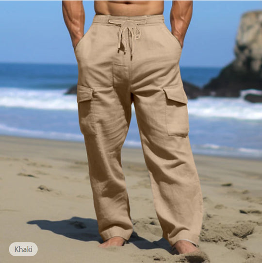 Herren weite Freizeit-Cargohose aus Leinenmix mit Tunnelzugbund, aufgesetzten Klappentaschen und entspanntem Strandfit Nord Taschen