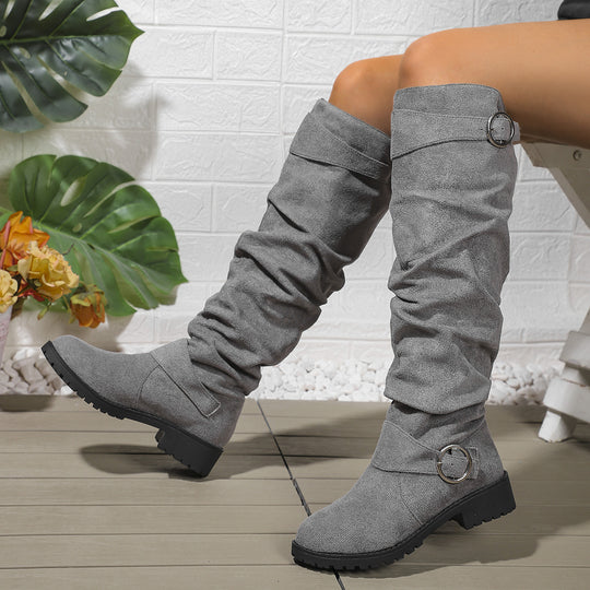 Damen kniehohe Slouch-Stiefel aus Wildlederoptik mit dekorativer Schnalle und rutschfester Profilsohle Nord Taschen