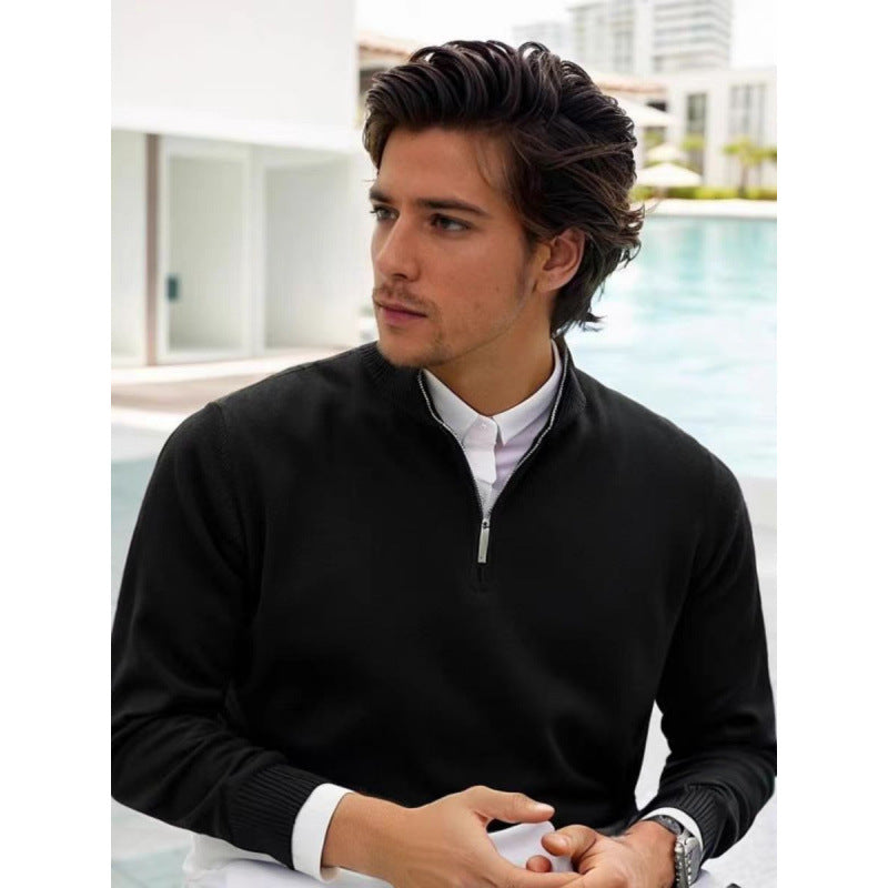 Herren Feinstrick-Halbzip-Pullover mit Stehkragen und Rippbündchen Nord Taschen