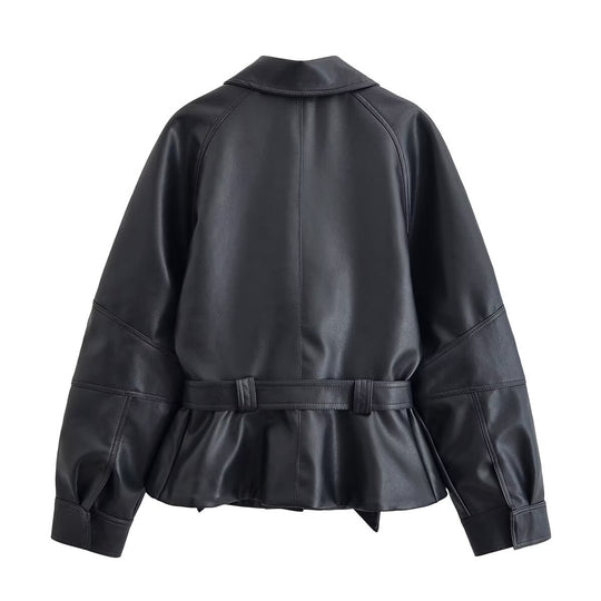Damen Cropped-Lederoptik-Blouson mit Wickelgürtel, Oversize-Ärmeln und markanten Ziernähten Nord Taschen