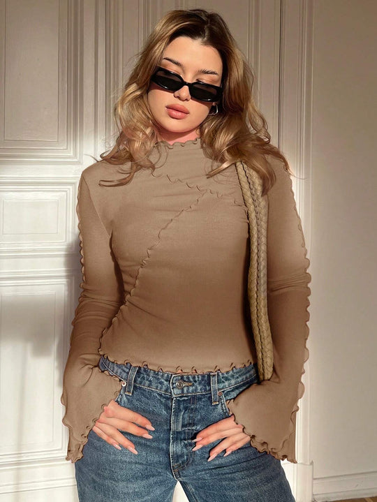Damen Enganliegendes Geripptes Langarmshirt mit Stehkragen und Kräuselsaum Nord Taschen