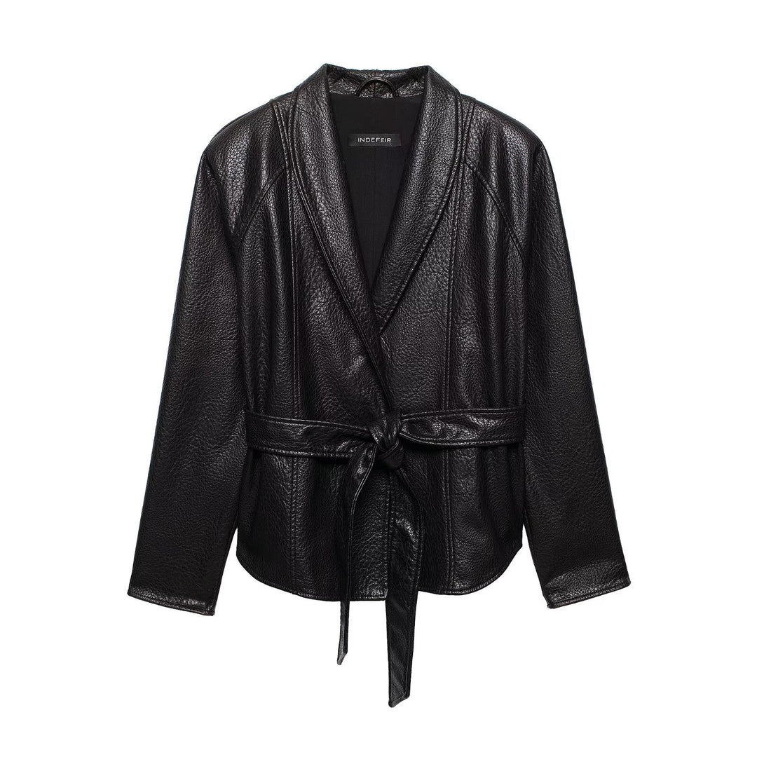 Damen Lederjacke in Lederoptik mit Bindegürtel und Schalkragen Nord Taschen