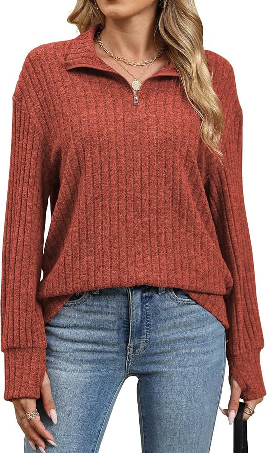 Damen Gerippter Halfzip-Pullover mit Stehkragen und Relaxed-Fit Nord Taschen