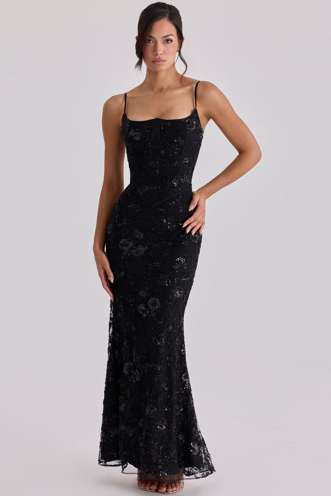 Damen nan elegantes besticktes Abendkleid mit Korsettoberteil und transparentem Spitzenüberzug - Vittorelli