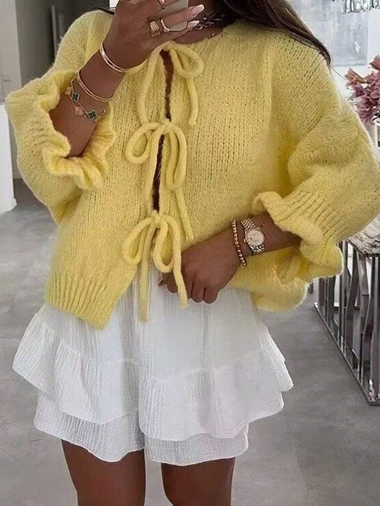 Damen Kuschelige Kurzstrickjacke mit Bindedetails, Volantärmeln und lockerem Oversize‑Schnitt Nord Taschen