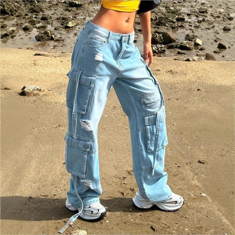 Damen Cargo-Jeanshose im weiten Baggy-Schnitt mit Mehrfach‑Cargotaschen Nord Taschen