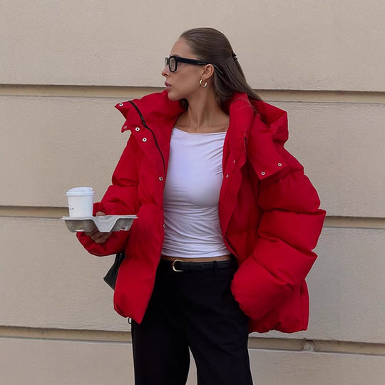 Damen Kurz geschnittene Stepp-Winterjacke mit hoher Kragenkapuze und wattierter Thermofütterung Nord Taschen