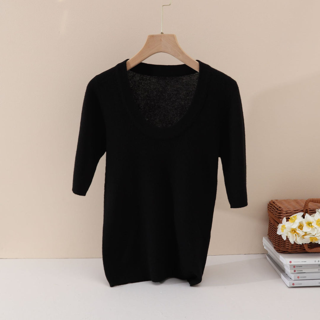 Damen Feines Feinstrick-Shirt mit tiefem Rundhals und dreiviertel Ärmeln Nord Taschen