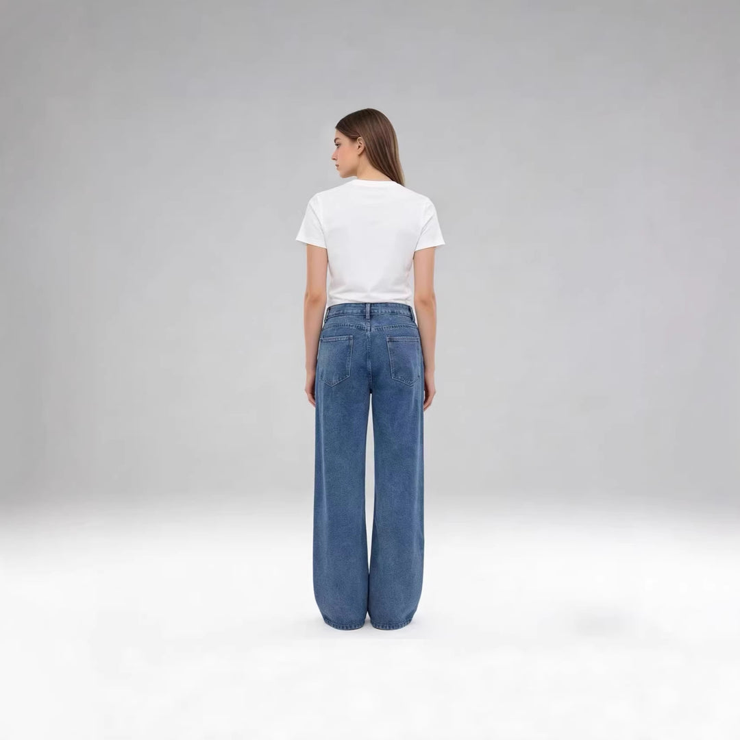 Damen hochgeschnittene Bundfalten-Weitbein-Jeans mit hohem Bund und Gürtelschlaufen Nord Taschen