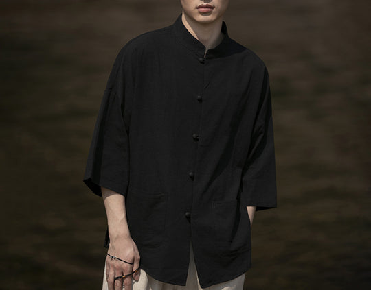Herren Oversize Hemd im Kimono-Stil aus Leinen-Baumwollmix mit Stehkragen Nord Taschen