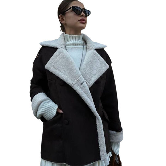 Damen Oversized Fliegerjacke aus Lammfellimitat mit Doppelreihiger Knopfleiste Nord Taschen