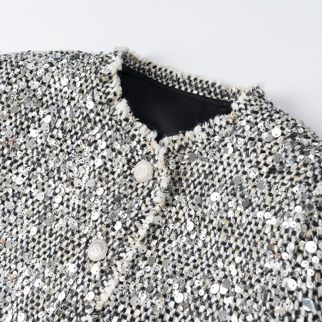 Damen Kurzjacke im Bouclé‑Stil mit Paillettenbesatz und Perlmuttknöpfen Nord Taschen