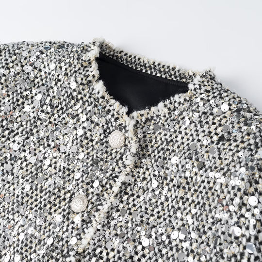 Damen Kurzjacke im Bouclé‑Stil mit Paillettenbesatz und Perlmuttknöpfen Nord Taschen