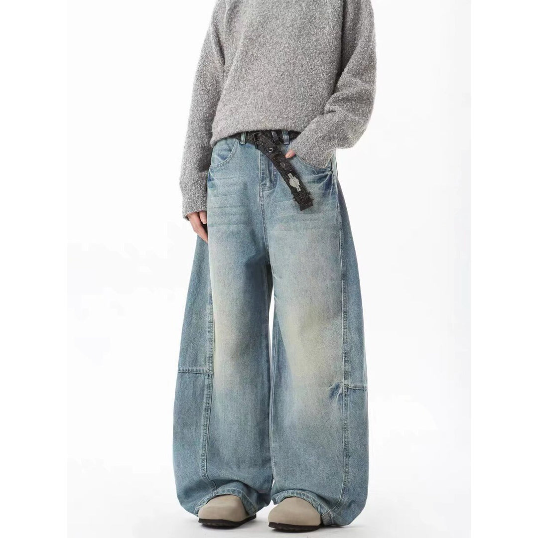 Damen Extraweite Vintage-Baggy-Jeans mit extra tiefem Schritt, entspannter Silhouette und used Waschung Nord Taschen