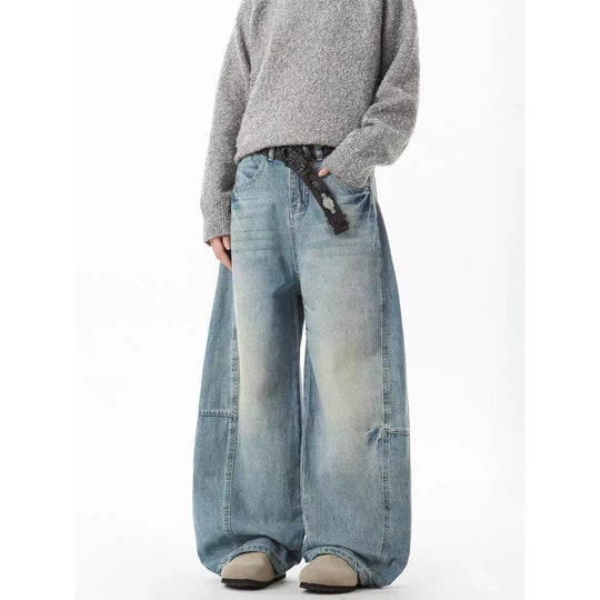 Damen Extraweite Vintage-Baggy-Jeans mit extra tiefem Schritt, entspannter Silhouette und used Waschung Nord Taschen