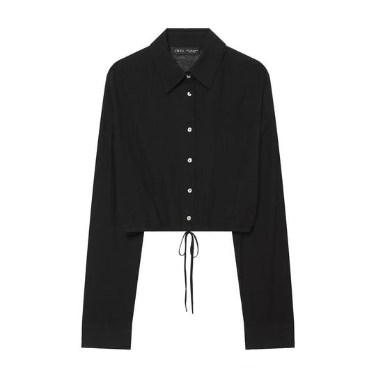 Damen Kurz geschnittene Bluse mit Spitzkragen, Knopfleiste und Kordelzug Nord Taschen