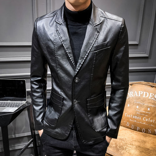 Herren Lässiges Slim-Fit Kunstleder-Sakko mit Reverskragen und aufgesetzten Taschen Nord Taschen