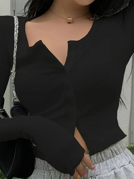 Damen Figurbetonter gerippter Cropped-Cardigan mit V-Ausschnitt und Knopfleiste Nord Taschen