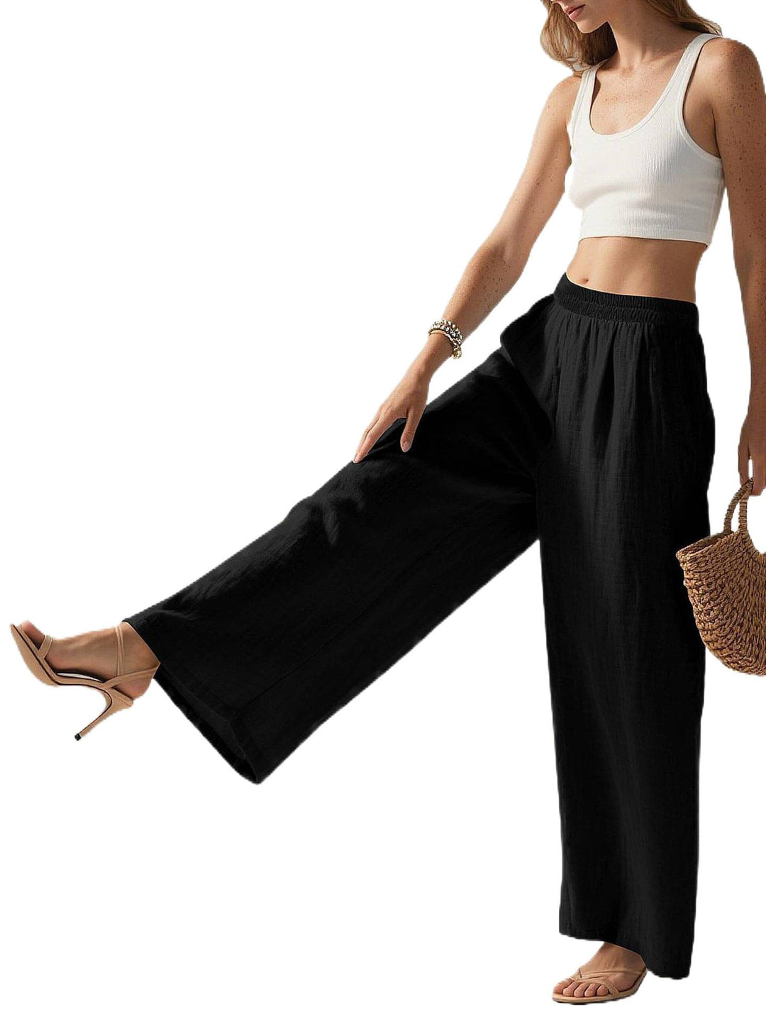 Damen Weite Leinenhose mit elastischem Bund und seitlichen Eingrifftaschen Nord Taschen