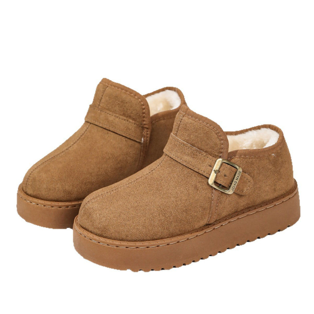 Damen Gefütterte Kurzschaft-Stiefel in Wildleder-Optik mit Plateau und Schnallenriemen Nord Taschen