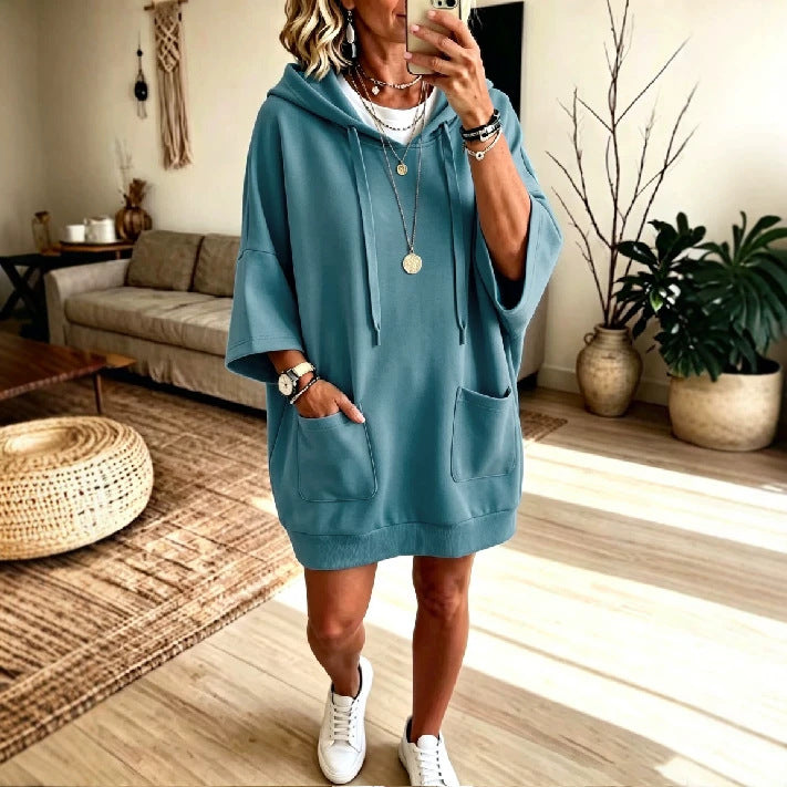 Damen Oversize Hoodie-Kleid mit Kängurutaschen und halblangen Ärmeln Nord Taschen