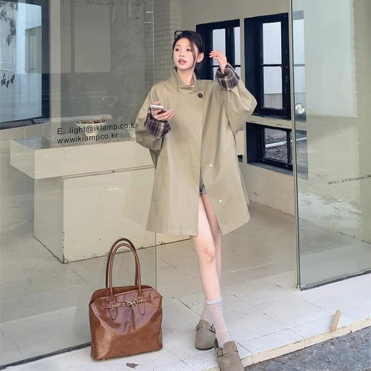 Damen Oversized Kurzmantel mit Stehkragen und kariertem Ärmelfutter Nord Taschen