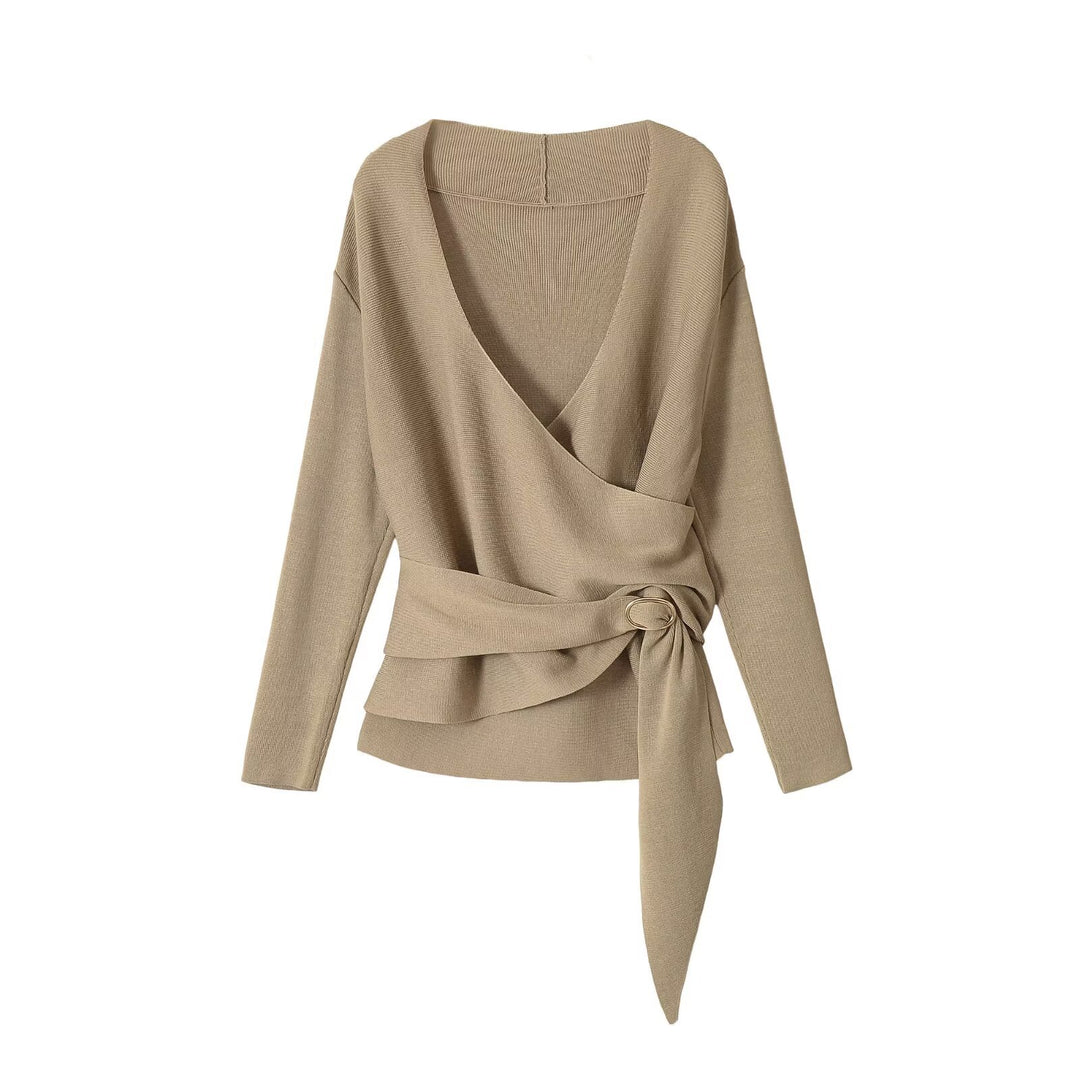 Damen Wickel-Strickpullover mit tiefem V-Ausschnitt und Dekorativer Taillenbindung Nord Taschen