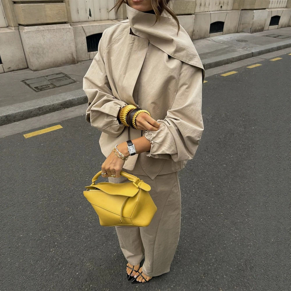 Damen Zweiteiliges Oversize-Hosenanzug-Set mit asymmetrischem Stehkragen Nord Taschen