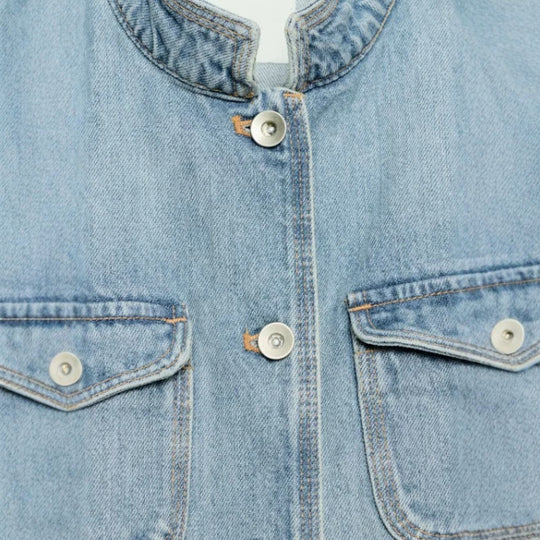 Damen Jeansjacke im Utility-Look mit Stehkragen, Pattentaschen und Schulterpatten Nord Taschen