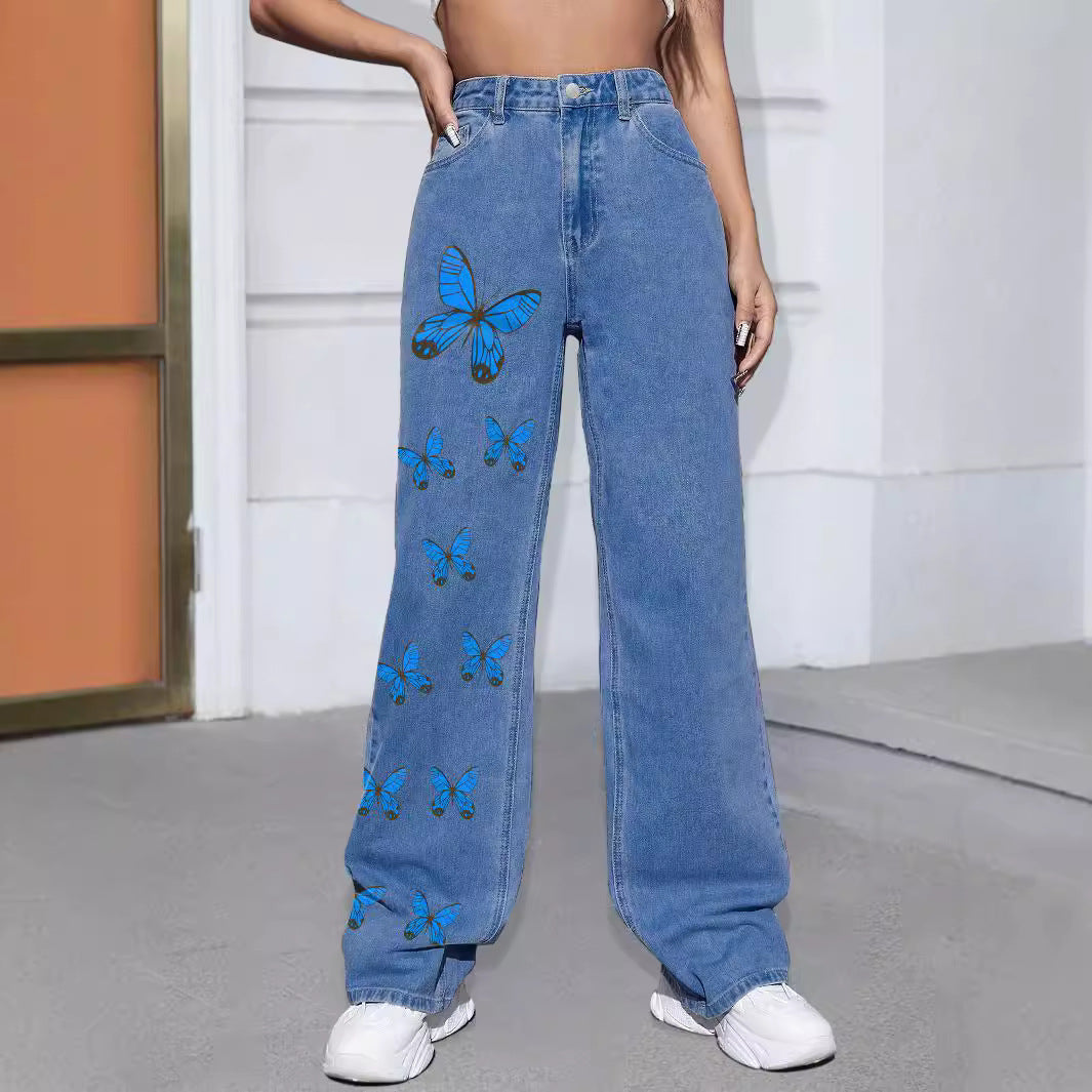 Damen Weite Jeanshose mit Schmetterlings-Print Nord Taschen